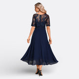 Mariana - Vestido Azul Marino Renda Manga Corta