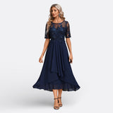 Mariana - Vestido Azul Marino Renda Manga Corta